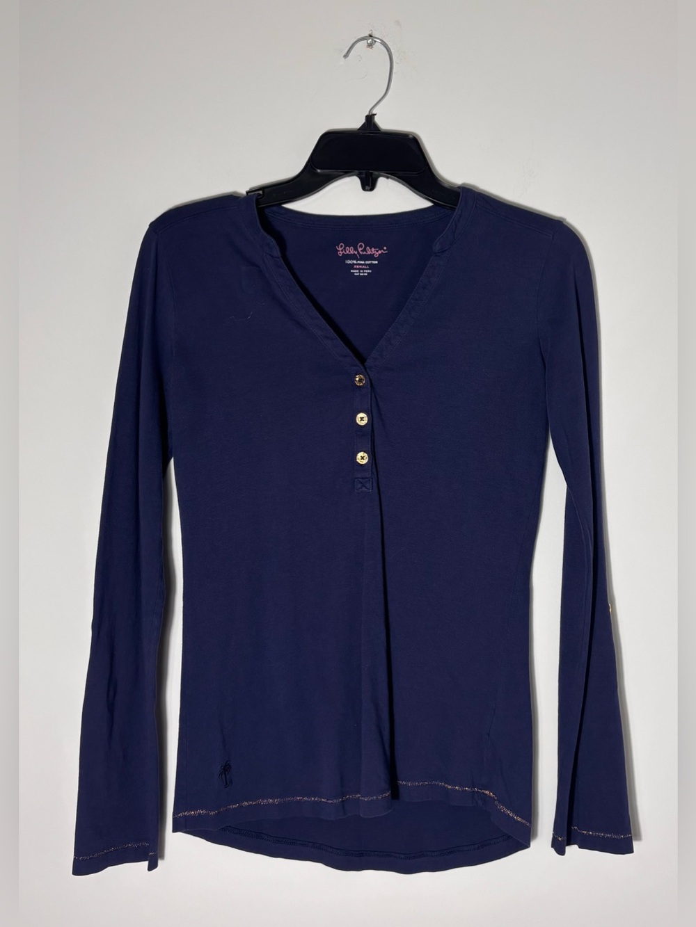 Lilly Pulitzer Long Sleeve Navy Blue Henley Top Metallic Gold Trim XS